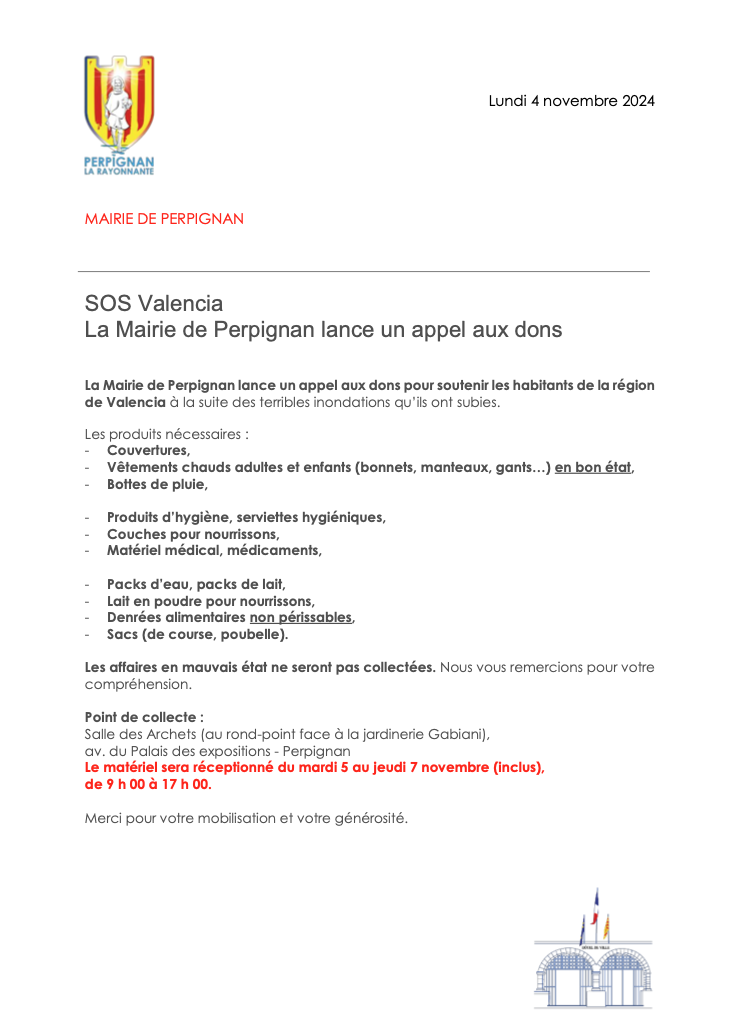 SOS VALENCIA - La Mairie de Perpignan lance un appel aux dons