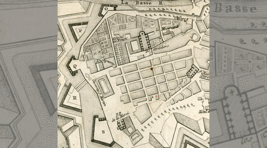 Plan montrant en haut le couvent des franciscains et ses jardins;en bas le quadrillage  des rues ; à gauche les remparts