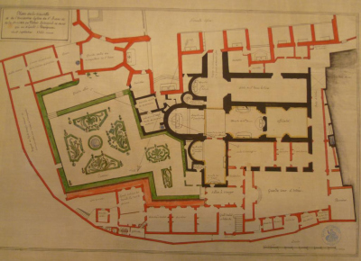 Plan d'une église à 3 nefs , du logement de l'archipretre et d'un jardin à la francaise