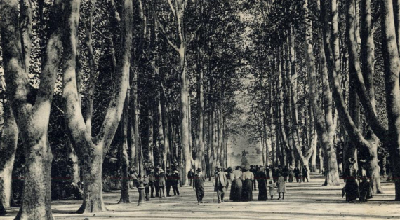 large allée avec des grands platanes , des gens en habit se promenant, une fontaine avec Bacchus au centre